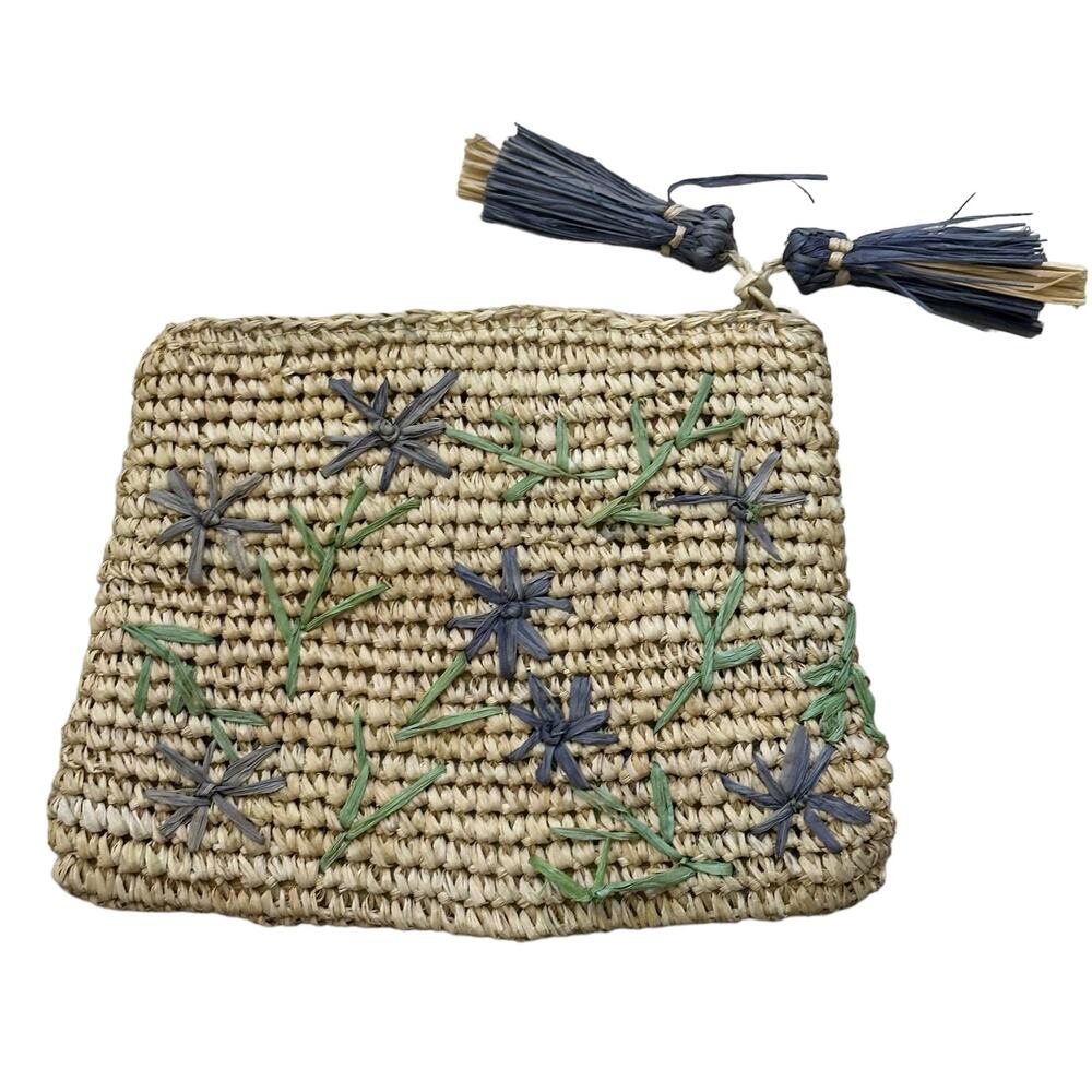 Aerin Raffia Natural Green and Blue Floral Small Pouch 6"x 8" NWOT